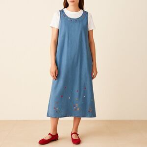 Agapo Collection Denim Dress Size 2X Blue Floral Embroidered Studded Boho Midi